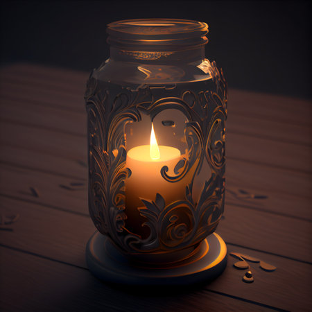 Candle in a glass jar on a wooden table. 3d illustrationの素材