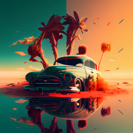 Car on the beach with palm trees. 3d render illustration.の素材