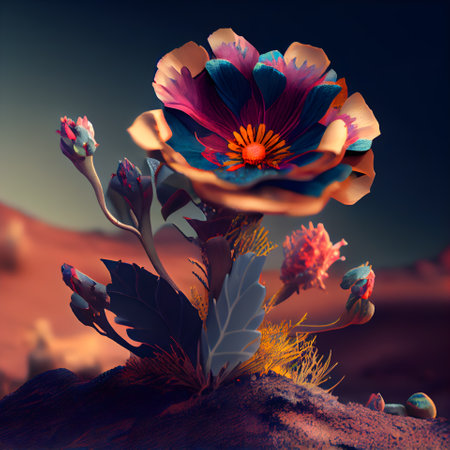 3D illustration of a beautiful flower in the desert at sunset.の素材