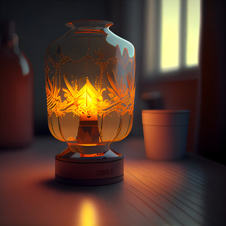 Lantern on the table in dark room. 3D renderingの素材