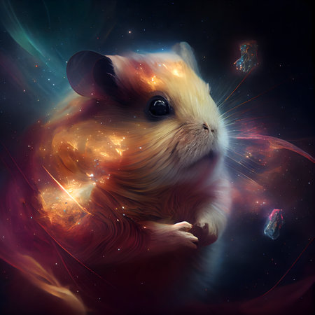 Cute hamster in cosmic space. Digital painting. 3D renderingの素材
