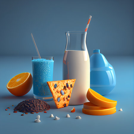 Healthy food concept with fresh fruits and vegetables; 3d illustrationの素材