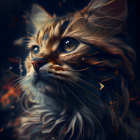 Fantasy portrait of a cat with fire and smoke on a dark background.の素材