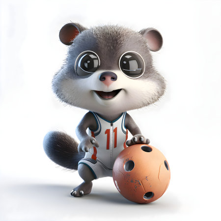 3D rendering of a cute cartoon raccoon with a soccer ballの素材