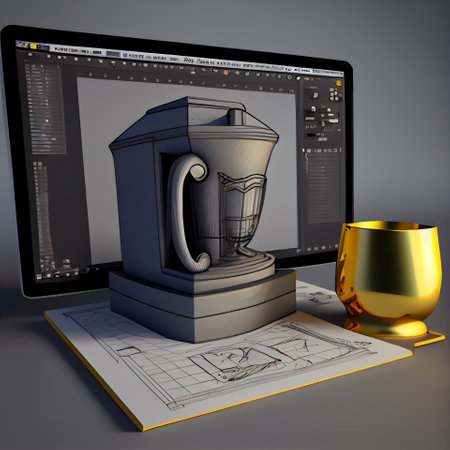 3d illustration of computer and cup of coffee over blueprints backgroundの素材