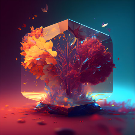 3d render; abstract background; crystal vase with autumn leavesの素材