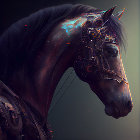 Horse head with metal gears on a dark background. 3d renderingの素材