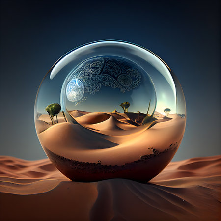 Crystal ball with desert and tree in the desert. 3D renderingの素材