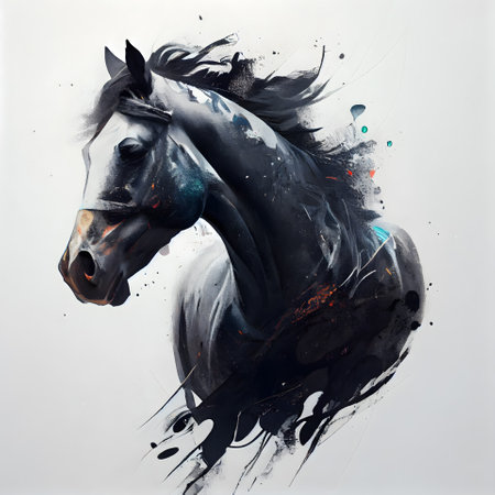 Horse with black mane and paint splashes on white backgroundの素材