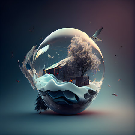 3d render of a snow globe with trees and birds flying aroundの素材