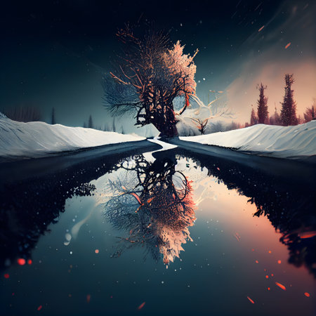 Winter landscape with a tree and reflection in water. 3d renderの素材