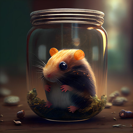 Hamster in a glass jar on a dark background. 3d renderingの素材