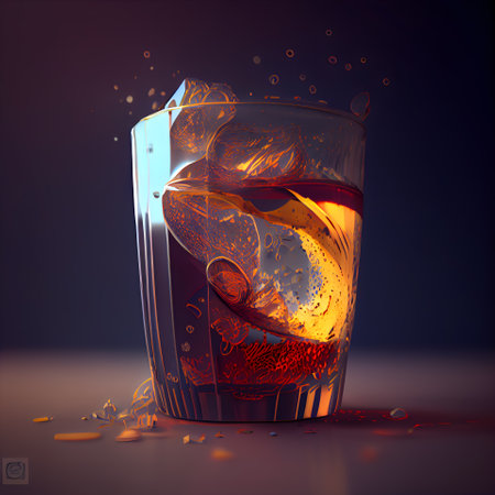 Whiskey in a glass with ice cubes on a dark backgroundの素材