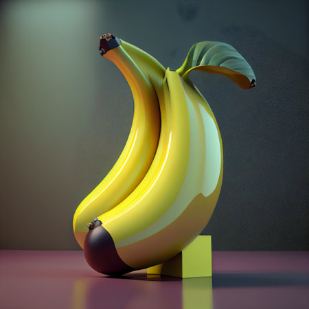 3d rendering of a banana on a pedestal in a dark roomの素材