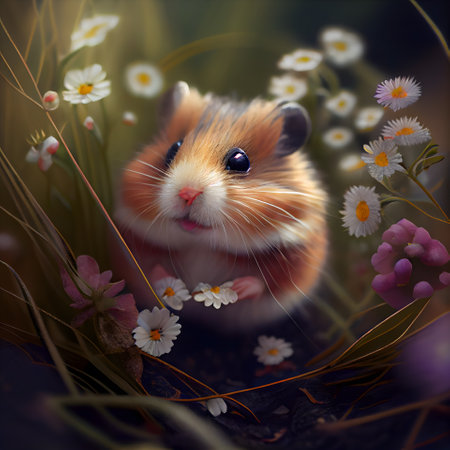 Hamster in the grass with daisies and chamomilesの素材