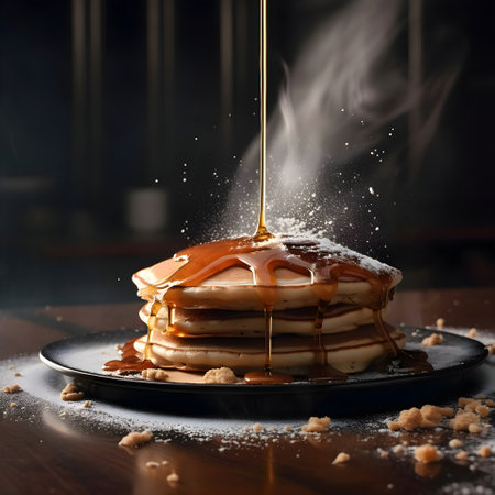Pancakes with honey splash on a black background. Copy spaceの素材