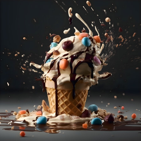Ice cream in waffle cone with splashes and drops on black backgroundの素材
