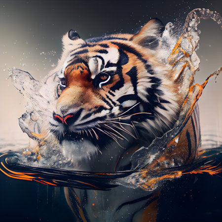 Tiger in the water. Digital painting. 3D illustration.の素材