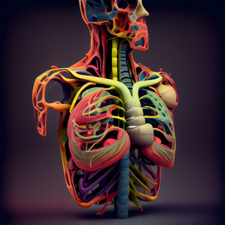 Human heart anatomy on dark background. 3D illustration. Vintage style.の素材