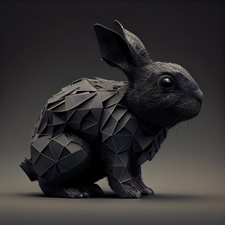 3d rendering of a black rabbit in low poly style on gray backgroundの素材