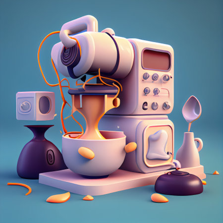 Vintage 3d illustration of a retro video camera with a bowl of coffee.の素材