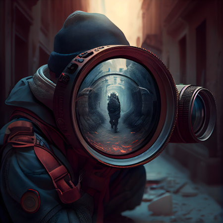 Photographer with a camera on the street. Filtered image processed vintage effect.の素材