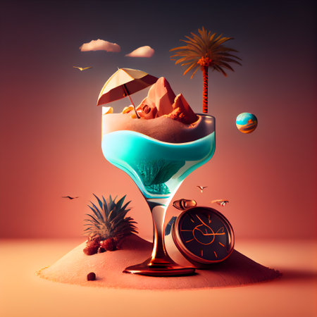 Cocktail in a martini glass with sand; palm trees and blue skyの素材