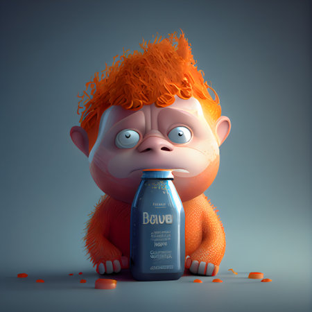 3d rendering of a red-haired boy with a bottle of drinkの素材