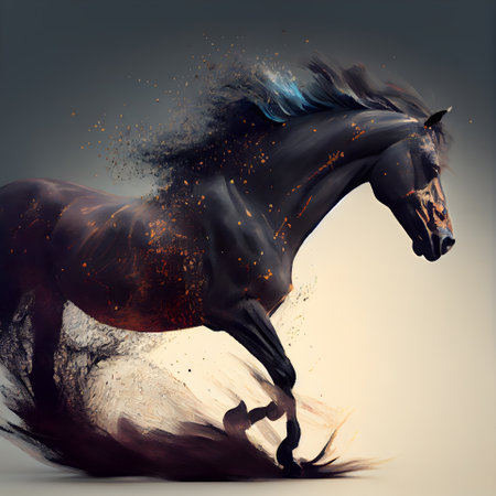 Black horse with splashes of paint on a gray background. 3d renderingの素材