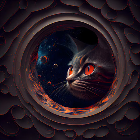 Cat looking through the hole in the space. 3D illustration.の素材