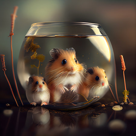 Hamsters in a round glass aquarium on a natural background. 3d renderの素材