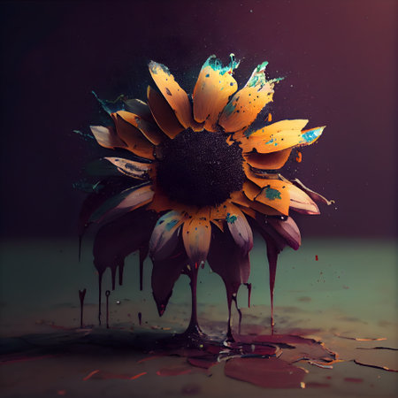 Colorful oil paint splashes on dark background with sunflower.の素材
