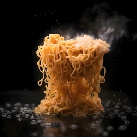 Instant noodles in a black bowl on a dark background with smoke.の素材