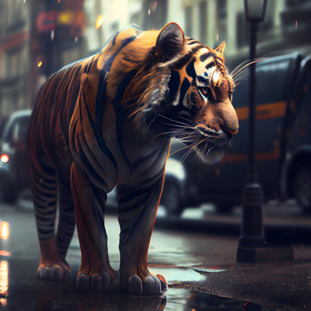 tiger on the city street at night. 3d illustration.の素材