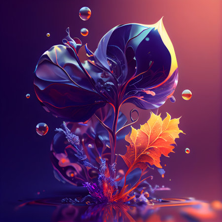 3D illustration of abstract background with colorful leaves and water drops.の素材