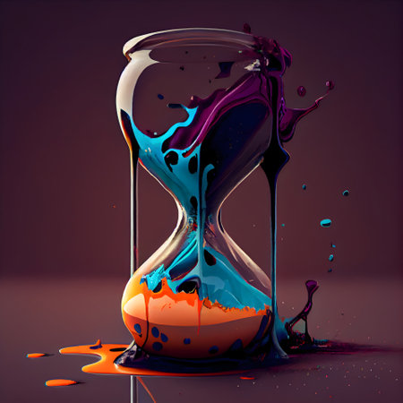 Colorful hourglass with flowing liquid on dark background. 3d renderingの素材