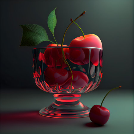 Cherry in a glass vase on a dark background. illustration.の素材