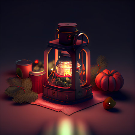 illustration of a lantern with a burning candle in the dark backgroundの素材