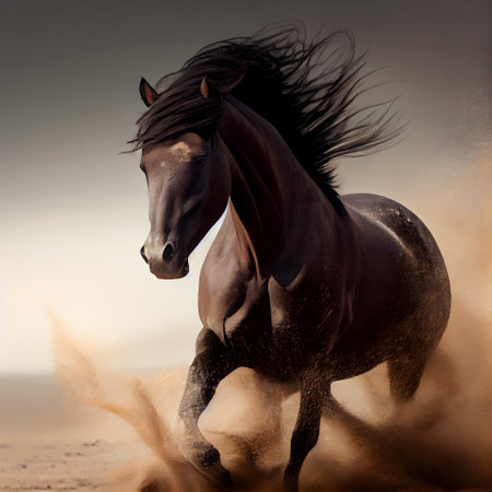 Horse run gallop in the desert at sunset. Digital paintingの素材