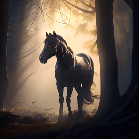 Horse in the foggy forest at sunrise. Halloween concept.の素材