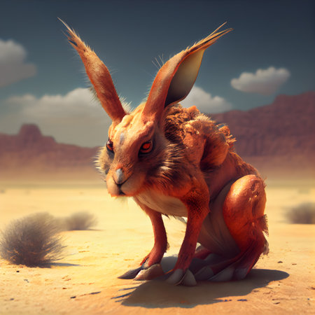 3D rendering of a hare in the desert with red skinの素材