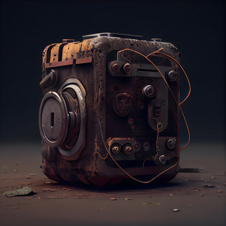3d illustration of an old camera on a dark background with a line of lightの素材
