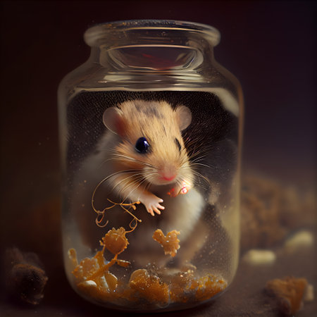 Hamster in a glass jar on a dark background. The concept of the new year 2020.の素材