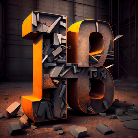 3d rendering of an orange and black 3d letter in an industrial environmentの素材
