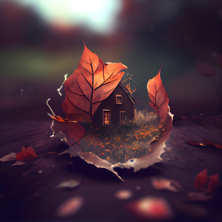 Little house with autumn leaves on a dark background. Halloween concept.の素材