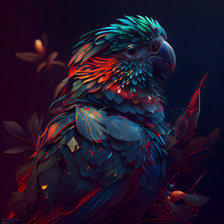 Beautiful colorful parrot on a dark background. Digital painting.の素材