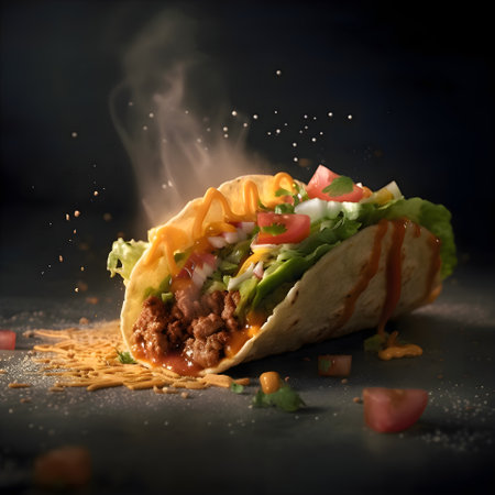Tacos with meat and vegetables on a black background. Mexican foodの素材