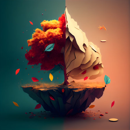 Autumn landscape with tree and falling leaves. 3D illustration.の素材