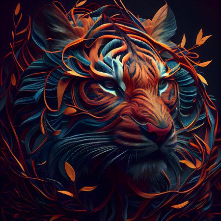 Tiger with a floral ornament on the background. 3D renderingの素材