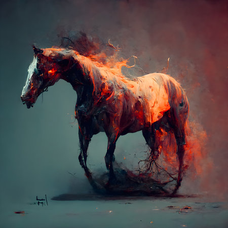 Horse in fire and smoke; 3d rendering. Computer digital drawing.の素材